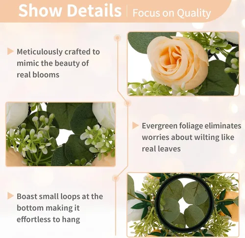 Vista 5 de NUPTIO Pequeños anillos de flores para centros de mesa: corona de velas blancas y champán de 9.05 pulgadas para decoración de mesa de Navidad