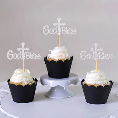 Vista 4 de Ercadio Paquete de 36 adornos para cupcakes con purpurina de cruz con purpurina para bautizo, fiesta religiosa cristiana, suministros de decoración