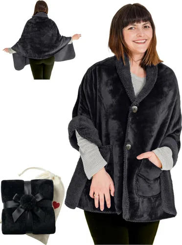Vista 12 de EzrAllora Manta Poncho de Doble Capa Premium para Mujeres -Ponte y Listo Sin Mangas- Chal de Vellón Sherpa con Bolsillos - Manta Vestible - Regalos