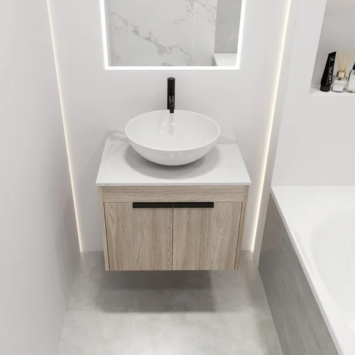 Vista 3 de Armario de tocador de baño de 24 pulgadas, tocador de baño flotante con lavabo de cerámica, moderno juego de tocador de baño colgante de roble