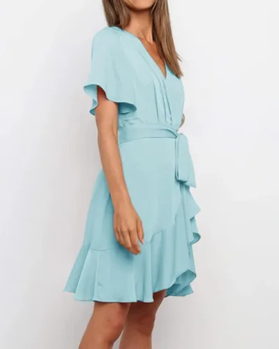 Vista 2 de Soulomelody Vestido cruzado con cuello en V para mujer manga corta cintura alta con lazo cintura alta con volantes volantes con cinturón