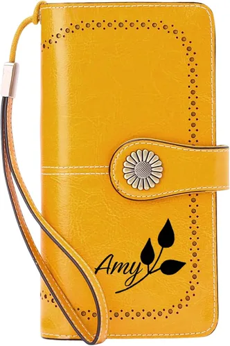 Vista 15 de Cartera de pulsera personalizada, carteras con nombre grabado personalizado con bloqueo RFID, gran capacidad, cartera de mano para tarjetas de Cuero