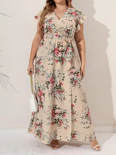 Vista 6 de MakeMeChic Vestido largo floral para mujer, talla grande, casual, bohemio, floral, manga corta, cintura alta, acampanado, con vuelo