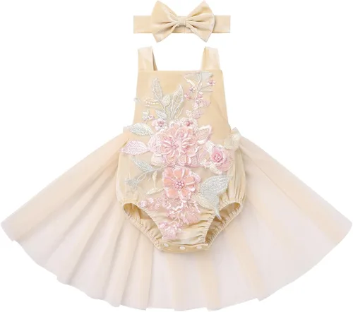 Vista 50 de Traje de bebé niña primer cumpleaños traje de encaje tul mameluco princesa tutú vestido de un año cumpleaños pastel Smash fotografía ropa