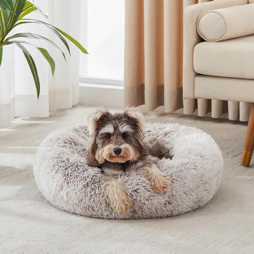 Vista 35 de Cama calmante para perros y gatos, cama antiansiedad, de felpa, con forma de dona, redonda, acolchada, de piel sintética, suave y esponjosa