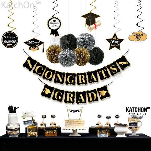 Vista 8 de KatchOn, Decoraciones de fiesta de graduación negras y doradas 2026 – Paquete de 13 Remolinos colgantes de graduación para fiesta de graduación