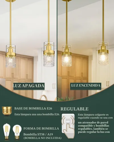 Vista 7 de LMS Lámpara colgante dorada, 1 luz colgante para isla de cocina con vidrio martillado, LMS-171 Oro - Vidrio martillado