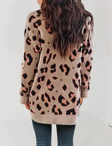 Vista 2 de ZESICA Suéter de punto de manga larga con estampado de leopardo para mujer suéter tipo cardigan para exteriores