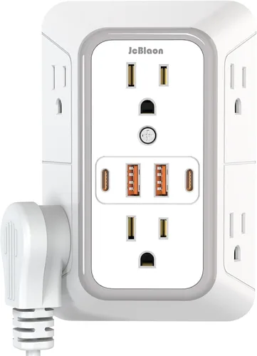 Vista 10 de Regleta de pared con cargador USB, protector contra sobretensiones con 4 puertos USB (2 USB C), extensión de enchufe, múltiples salidas, extensión