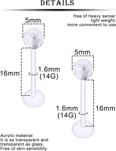Vista 3 de Anillos de plástico transparente de 16G y 14G para la lengua, piercing para cirugía, bioflex flexible, extra largo, labtert, monroe, medusa, anillos