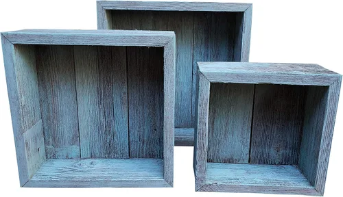 Vista 4 de Caja de sombra de madera reciclada con respaldo de madera, estilo rústico de granero, estantes flotantes, juego de 3 (rojo granero, cuadrado)