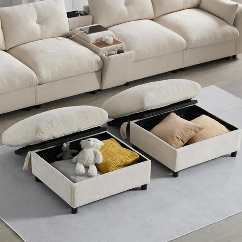 Vista 8 de Sofá seccional de gran tamaño de 142 pulgadas con 2 otomanas y consolas de almacenamiento móviles, sofá modular de felpilla en forma de U de 6