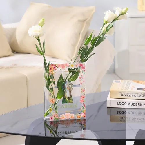 Vista 9 de Florero acrílico con forma de libro para flores, florero de libro, pequeños jarrones transparentes para el hogar, sala de estar, estantería