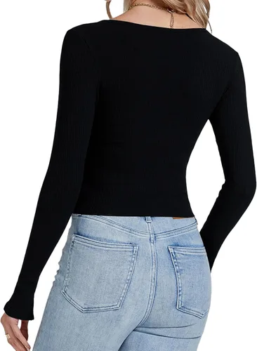 Vista 2 de LYANER Camiseta de manga larga con cuello en V profundo y cremallera frontal con abertura frontal para mujer