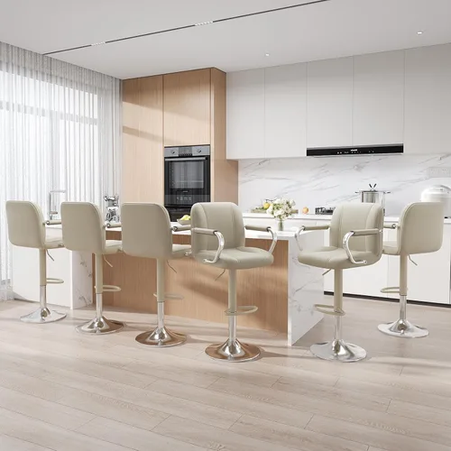 Vista 17 de MALOL Juego de 1 sillas de mostrador beige con respaldo, sillas altas giratorias ajustables para isla de cocina, asientos modernos, taburetes