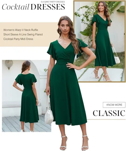Vista 3 de Dokotoo Vestido de fiesta elegante con cuello en V para mujer, vestido de manga corta, vestido de patinadora, vestidos de invitados de boda