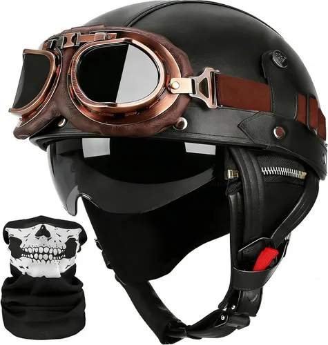 Vista 11 de Casco de motocicleta rosa, medio casco de cuero de estilo alemán, casco de motocicleta para mujer, aprobado por DOT, casco de media cara con gafas