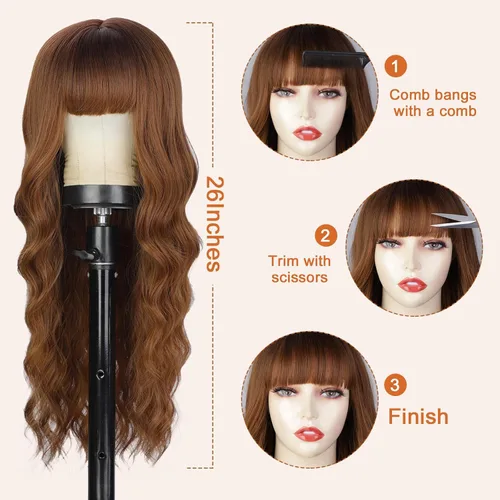 Vista 3 de Lativ Peluca castaña con flequillo para mujer, larga, ondulada, sintética Beginner Friendly,Natural Looking,Silky Smooth Texture,Heat Resistant