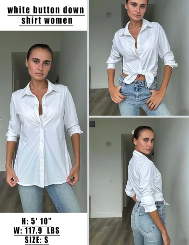 Vista 4 de HOTOUCH Camisas con botones para mujer, de manga larga, elásticas, sin arrugas, blusas de trabajo, ajustadas, para la oficina