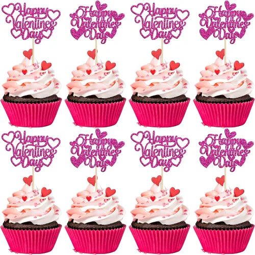 Vista 18 de 24 piezas de decoración de cupcakes con purpurina dorada para el día de San Valentín, temática de San Valentín, fiesta de cumpleaños, suministros