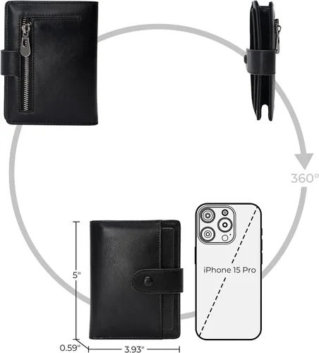 Vista 4 de Alldaily Cartera pequeña de piel con bloqueo RFID para mujer, plegable con 10 ranuras para tarjetas y bolsillo con cremallera, Negro, Pequeña