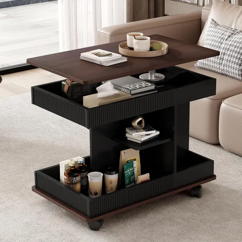 Vista 3 de Moderna mesa auxiliar ajustable con ruedas, mesa auxiliar multifuncional para sofá con elevador, parte superior giratoria de 360° y espacio