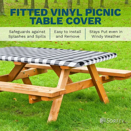 Vista 3 de Sorfey Mantel de picnic ajustado con elástico, vinilo con reverso de franela, se adapta a mesa de 48 x 24 pulgadas, rectangular, a prueba de agua