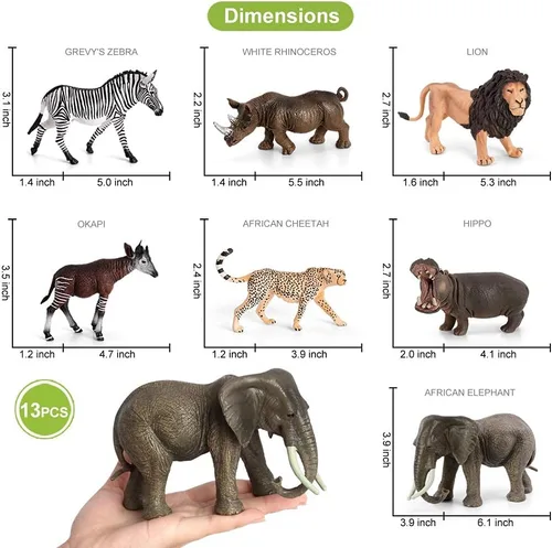 Vista 4 de Volnau Figuras de animales de safari, juguetes de 13 piezas de figuras de África para niños pequeños, decoración de Navidad, regalo de preescolar