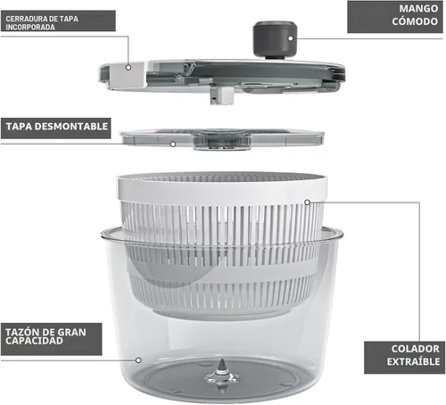 Vista 2 de Cambom Centrifugadora de Ensalada Centrifugadora de Lechuga, Lavar, Centrifugar y Secar Verduras para Ensaladas, Lavadora de Verduras Secadora
