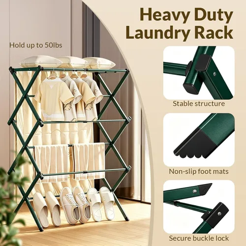 Vista 4 de Estante de secado de ropa plegable, estante de secado de ropa de 3 niveles para ropa, secadora de ropa de metal expandible