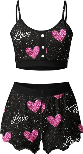 Vista 3 de XINSHIDE Pijama de San Valentín para mujer, suave estampado de corazón, camisola y pantalones cortos, conjunto de dos piezas con volantes, ropa