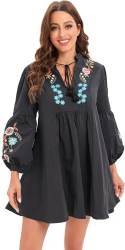 Vista 2 de Aox Women Retro Lanter Sleeve Floral Embroidered Boho A line Loose Short Shift Swing Dress