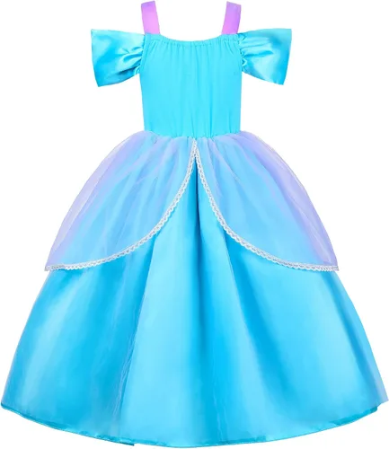 Vista 3 de JerrisApparel Disfraz de sirena con hombros descubiertos para niñas, vestido de fiesta de Halloween