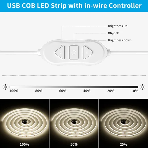 Vista 2 de Tira de luces LED COB USB 5V 3.28ft/1M, Blanco natural 4000K Tira de cinta LED COB regulable alimentada por USB de alta densidad, cinta LED flexible