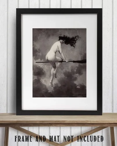 Vista 8 de Witch On Broom Departure by Albert Joseph Penot – 11 x 14 sin marco espeluznante, espeluznante, arte de pared gótico, desnudo bruto wiccan Art Print
