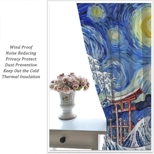 Vista 5 de Cortinas opacas con bolsillo para barra de arte asiático japonés para dormitorio, diseño de anime azul, océano, fantasía, cielo estrellado, Torii