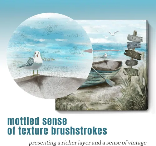 Vista 4 de Arte de pared para baño, decoración costera, barco náutico en la playa, lienzo con imagen de gaviota del océano, paisaje marino, arte de granja