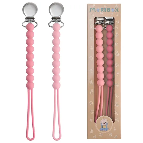 Vista 8 de Silicone Pacifier Clip for Baby Girls, Paci Binky Holder 2 Pack R-Rosa y Beige