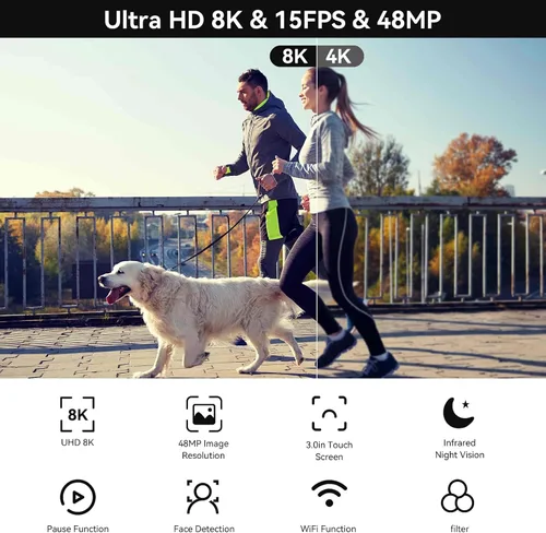 Vista 2 de Cámara de video, videocámara 8K de 48 megapíxeles para vlogging de YouTube con zoom digital 18X, pantalla táctil de 3” con WiFi, micrófono externo