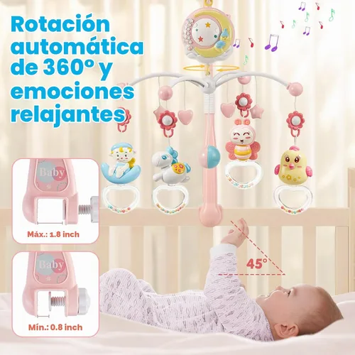Vista 2 de BOBXIN - Móvil para cuna para bebé niña con 150 música y proyector Timing, luz nocturna, sonajero y caja musical para llevar, control remoto, cuna