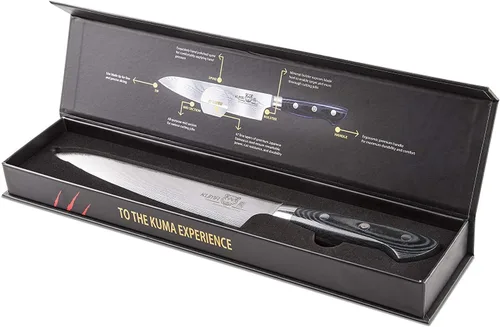 Vista 6 de KUMA Cuchillo profesional de acero de Damasco y cuchillo de chef Pro Bolster Edition con acero al carbono japonés endurecido – Cuchillo de chef de 8