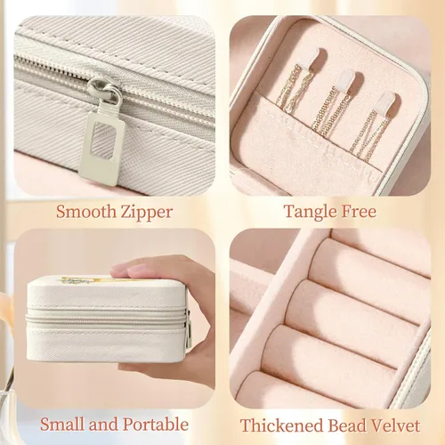 Vista 6 de My Daily Joyero de viaje Joyero pequeño para mujeres y niñas, organizador de regalos, cajas de cuero con espejo, blanco, inicial A