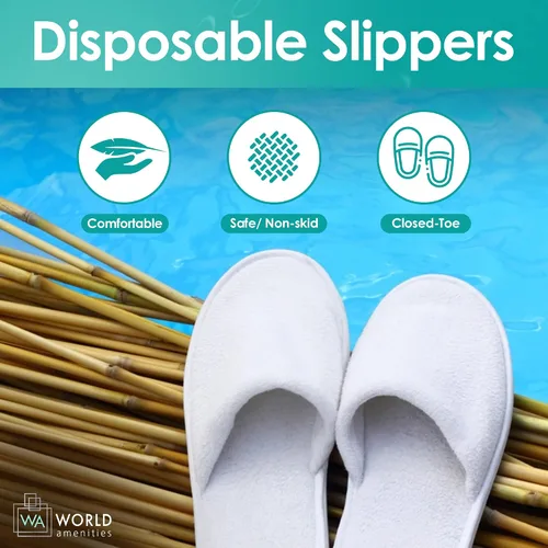 Vista 4 de World Amenities Pantuflas de spa prémium unisex a granel Punta cerrada, envueltas individualmente Pantuflas de hotel