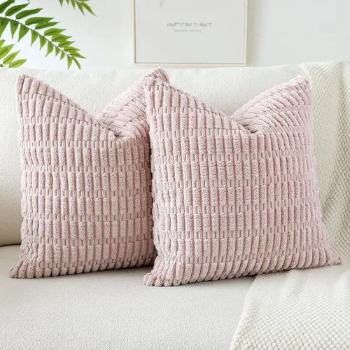 Vista 28 de OTOSTAR - Paquete de 2 fundas de almohada decorativas de pana suave de 18 x 18 pulgadas, funda de cojín a rayas estilo bohemio para sofá, cama, sala