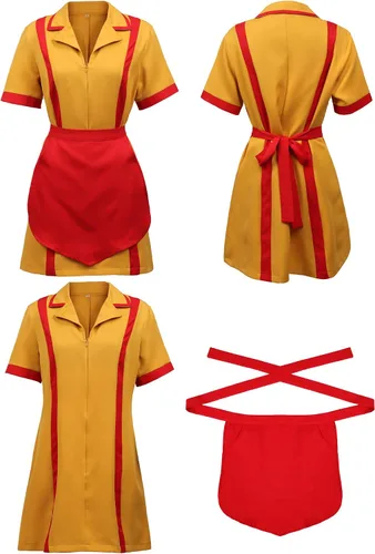 Vista 5 de DAZCOS Disfraz de camarera para mujer, talla estadounidense, uniforme amarillo, fiesta, Halloween, Navidad, cosplay