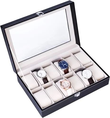 Vista 7 de Estuche de exhibición de joyas y relojes, organizador de caja de reloj de cuero de alta calidad, caja de almacenamiento para hombres y mujeres