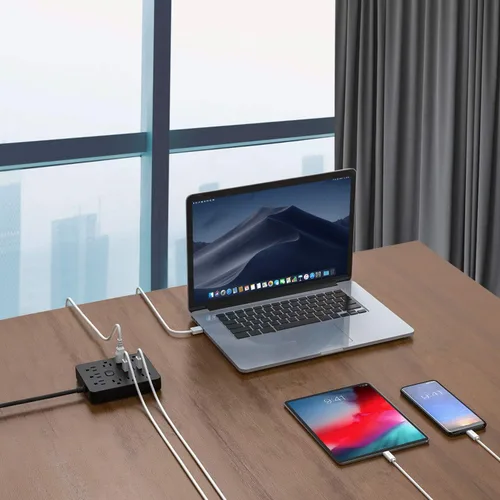 Vista 7 de Regleta protectora contra sobretensiones con 9 tomacorrientes, 3 puertos USB, estación de carga de escritorio ignífuga con enchufe plano