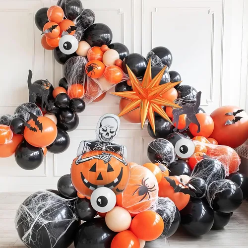 Vista 4 de Kit de arco de globos de Halloween con globos de estrella de explosión de calabaza de aluminio, kit de guirnalda de globos negros, naranjas y beige