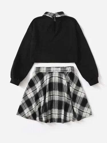 Vista 2 de WDIRARA Conjunto de falda patinadora a cuadros para niña de 2 piezas con estampado gráfico de letras