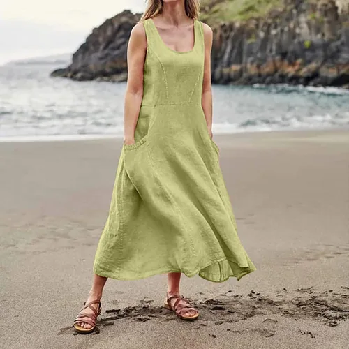 Vista 3 de Vestido largo para mujer, 2023, primavera, verano, algodón, lino, bohemio, casual, a la moda, sin mangas, para vacaciones